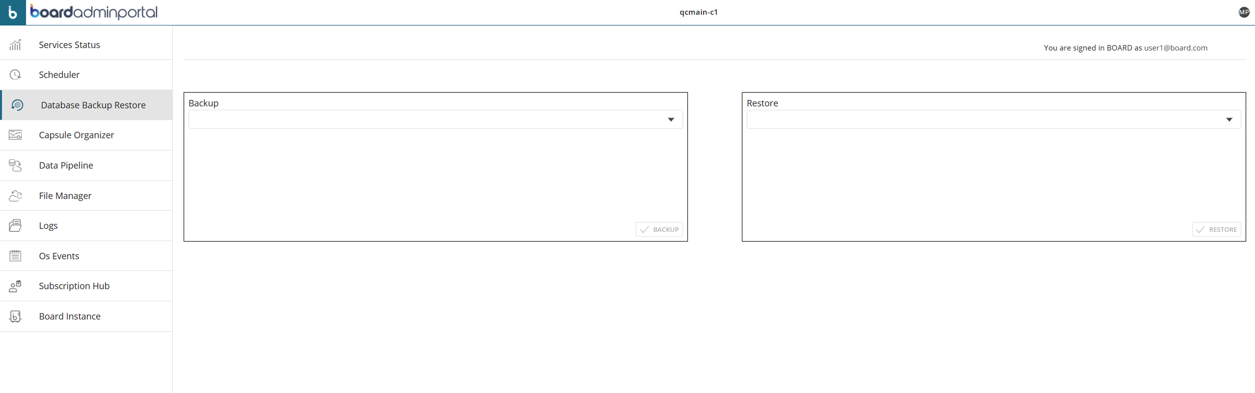 Database Backup and Restore interface with options for backup and restore actions.